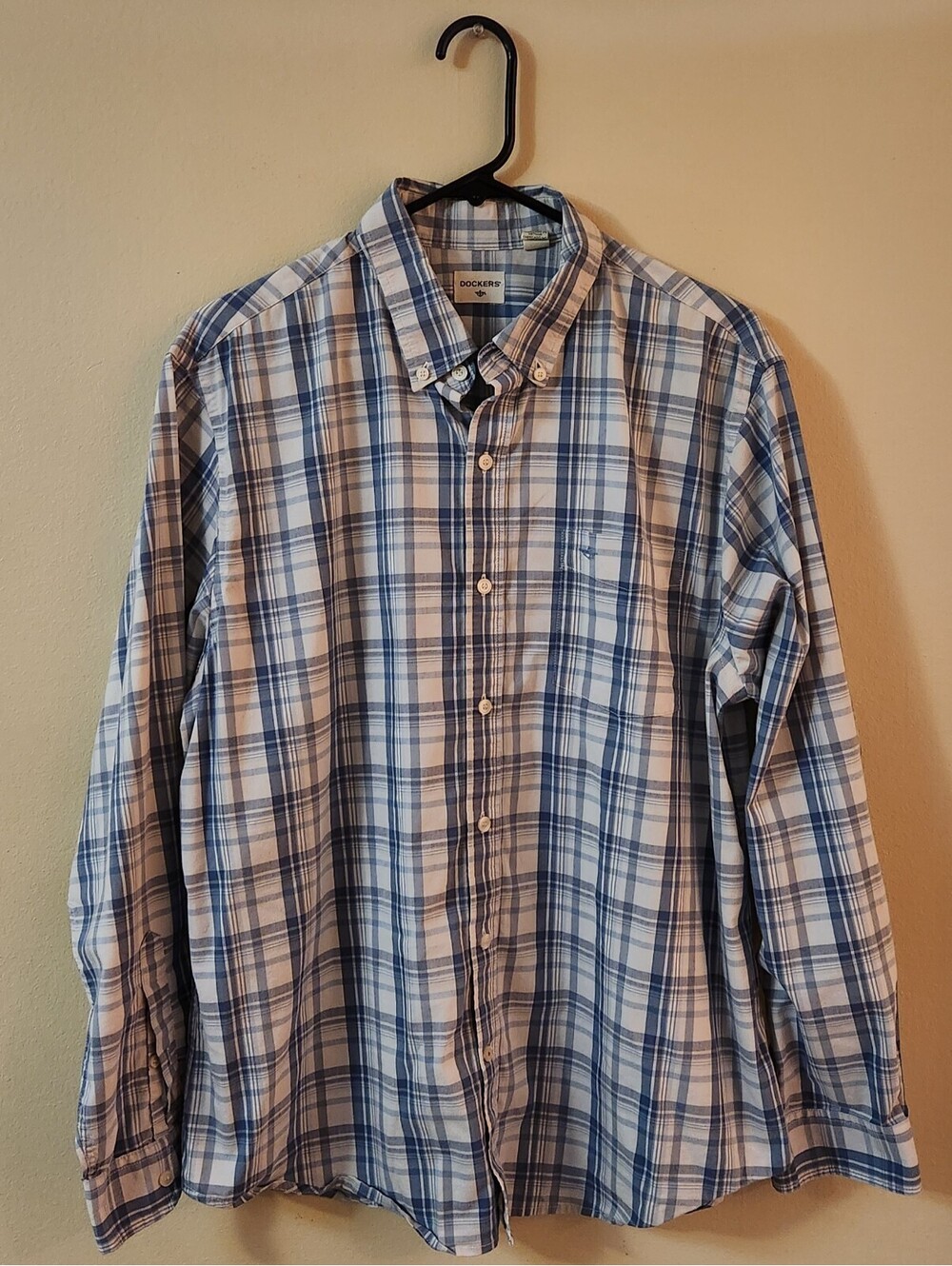 Dockers Long Sleeve Button Down Shirt Men's Large Blue Plaid Easy Care Comfort